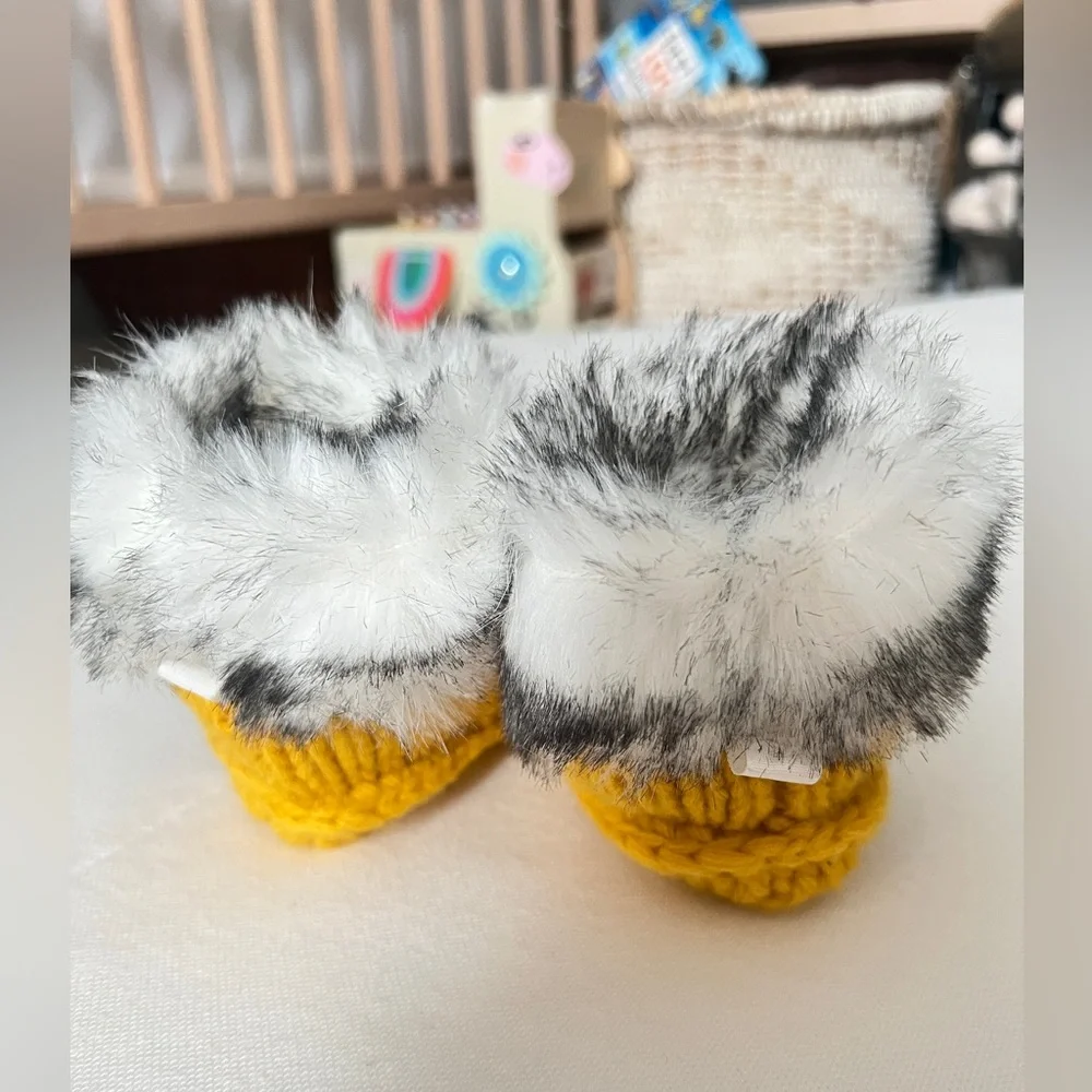 Cozy Golden Yellow Knit Baby Booties with Faux Fur Trim